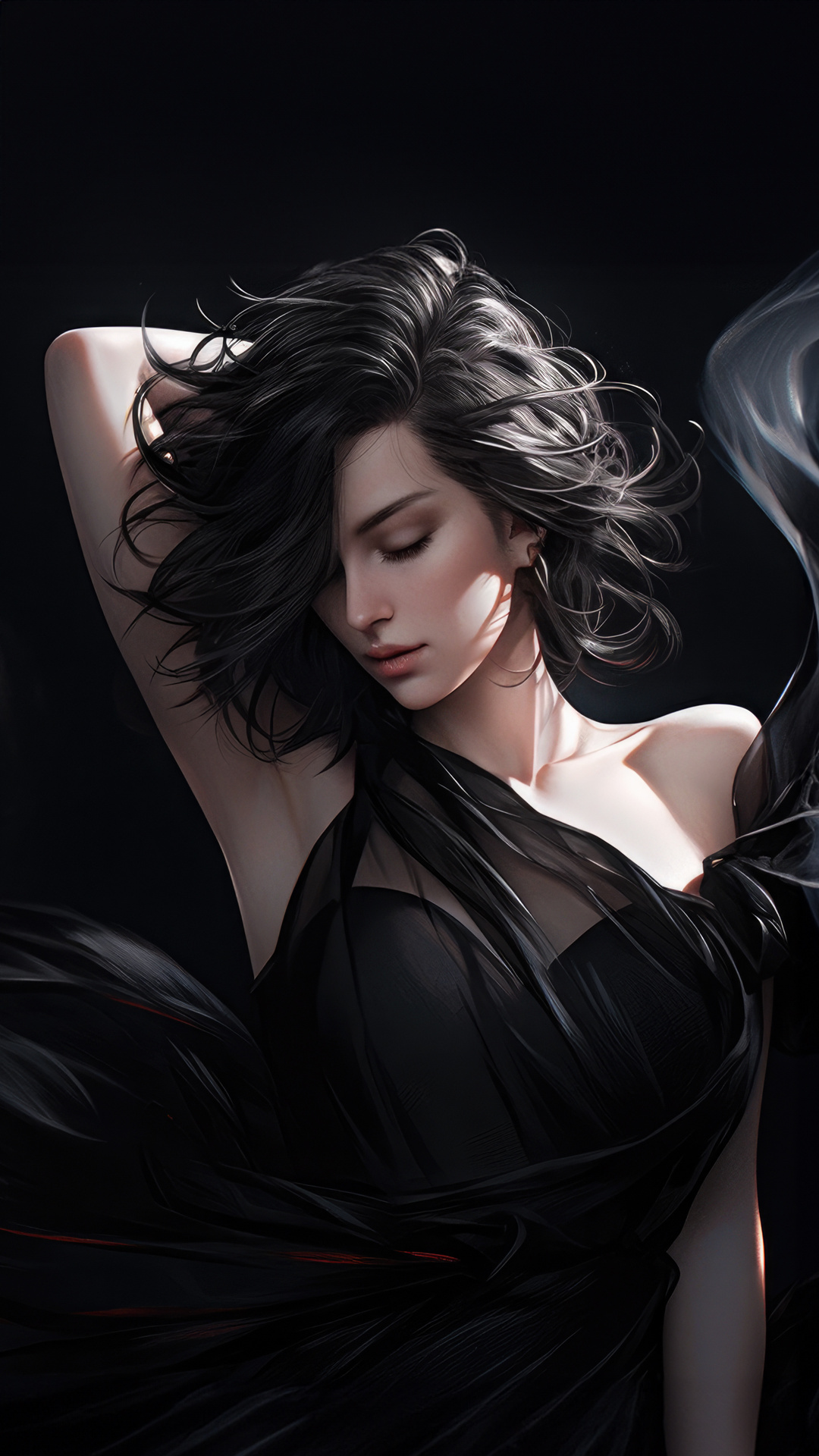 A woman with short dark hair and closed eyes poses gracefully in a flowing black dress against a dark background.