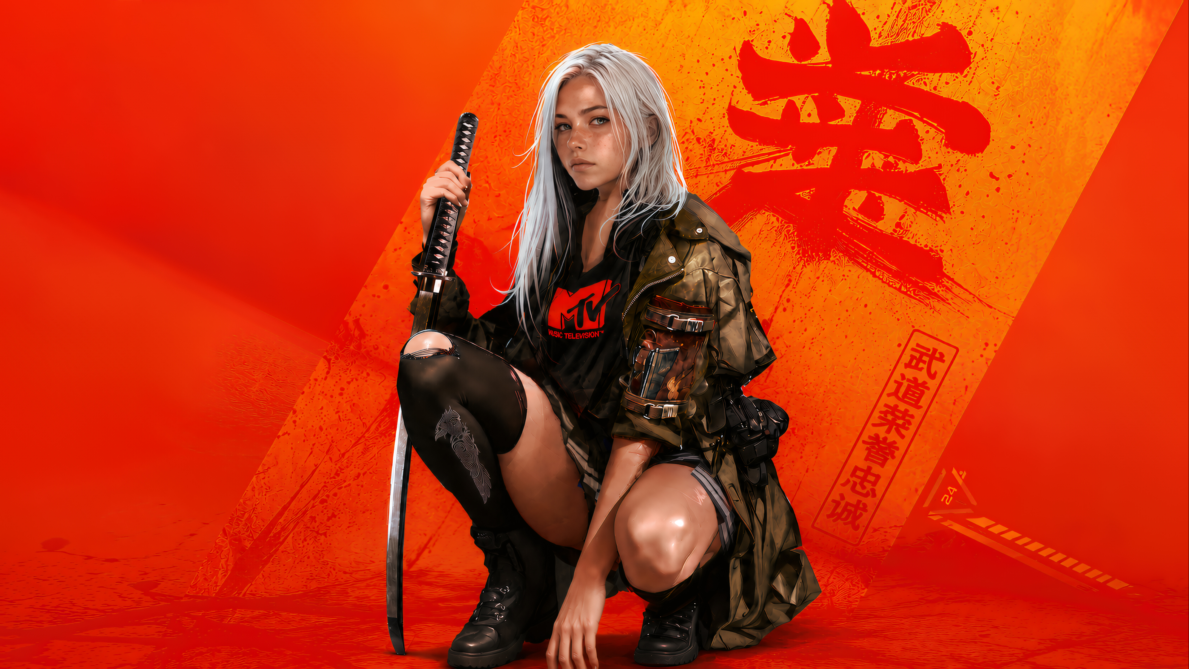 A silver-haired young woman in streetwear crouching with a katana against a bright red and orange background with Asian calligraphy.