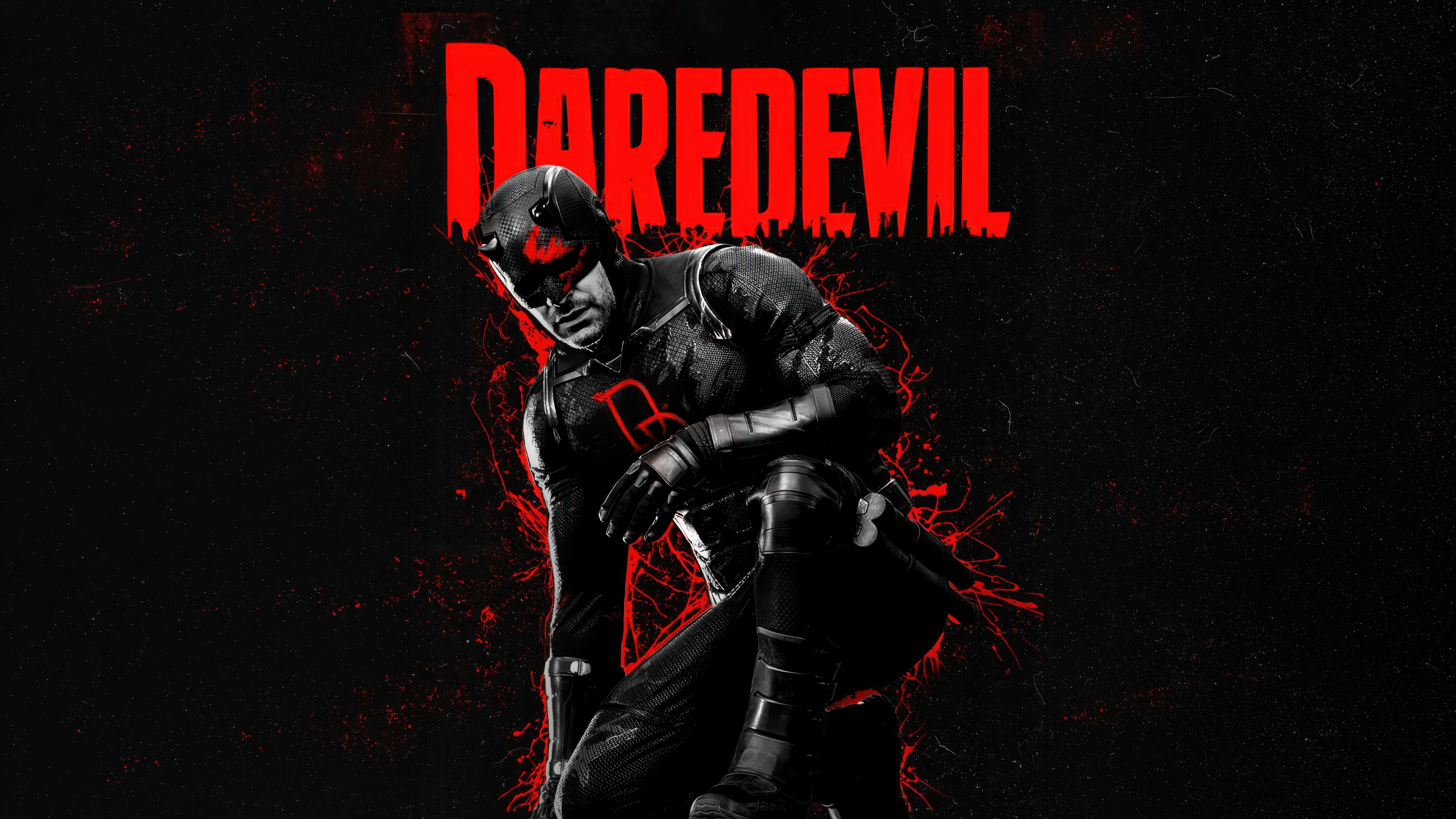 Daredevil crouches in a dark suit against a black backdrop accented with bold red paint splatters and large red text.