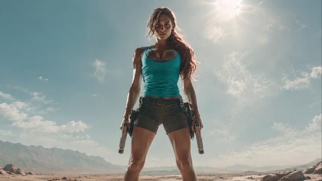 A strong woman in a teal tank top and shorts holds two handguns in a desert setting under a bright sun.