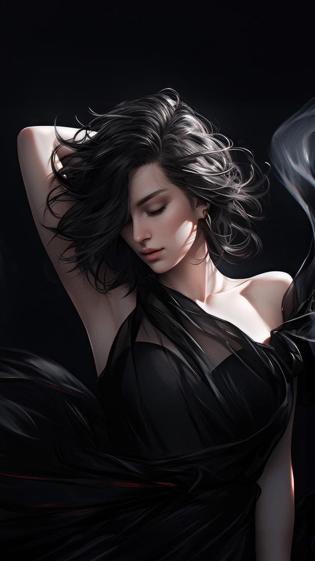 A woman with short dark hair and closed eyes poses gracefully in a flowing black dress against a dark background.
