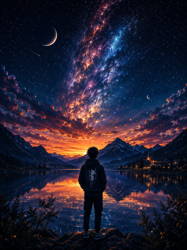 Silhouette of a person standing by a calm lake at twilight, gazing up at a vibrant Milky Way galaxy and a glowing orange sunset framed by snowy mountains.