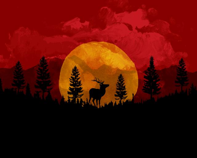 A black silhouette of a stag and pine trees against a giant yellow full moon and a crimson red sky.