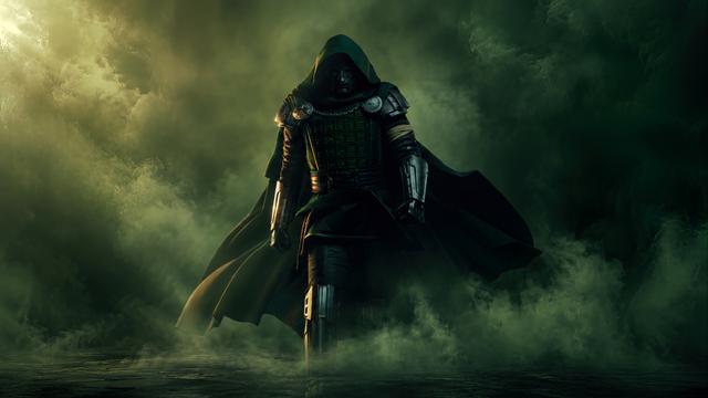 Doctor Doom clad in dark armor and a green hooded cloak walks forward through thick green smoke.