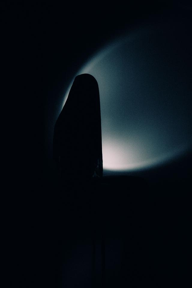 A dark silhouette of a figure against a moody, shadowy background.