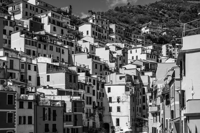 Captivating black and white image of traditional hillside architecture in Riomag