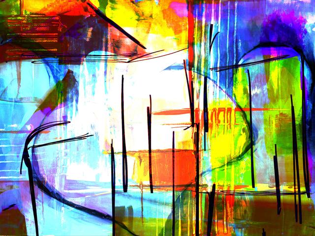 Bright and colorful abstract artwork with vivid lines and textures.