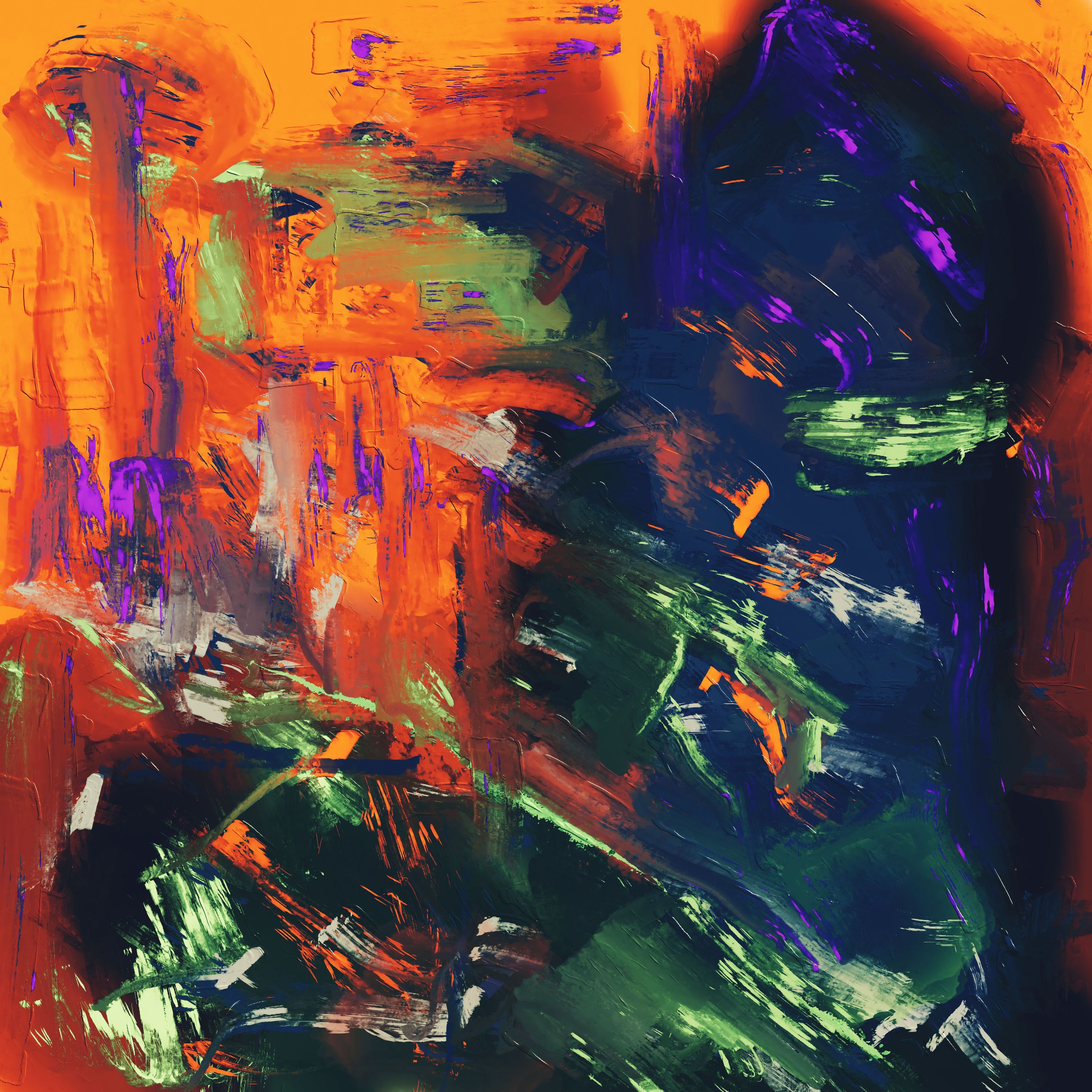 Bold abstract artwork with vivid colors and dynamic brushstrokes.